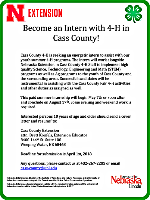 2018 03 14 4 H Summer Intern call letter