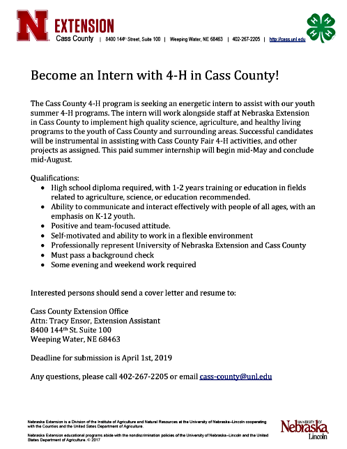 2019 03 20 4 H Summer Intern call letter