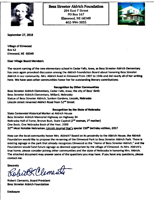 2018 11 07 ELM Aldrich letter Aldrich front 1