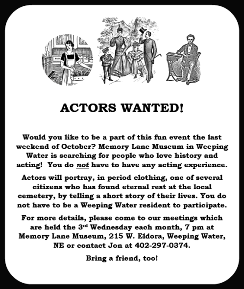 2014 04 25 WW Memory Lane actors wanted